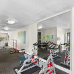 Fitness center with dumbbells and stationary bikes