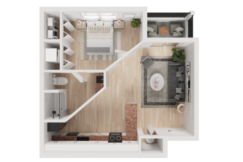 3D floor plan of the A1, a one bedroom, one bathroom apartment with balcony, in-unit washer and dryer access via the main bedroom, plus closet and kitchen.