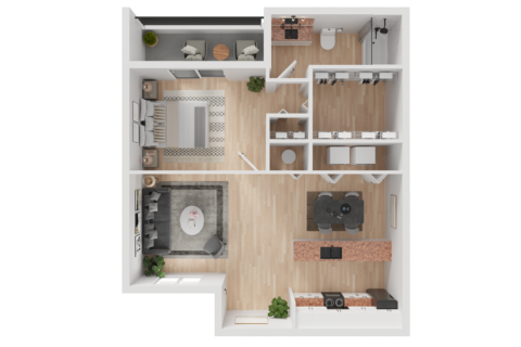 3D floor plan of the A2, a one bedroom, one bathroom floor plan with large walk-in closet, in-unit washer and dryer, galley-style kitchen, dining and living room space with a private balcony off the main bedroom.