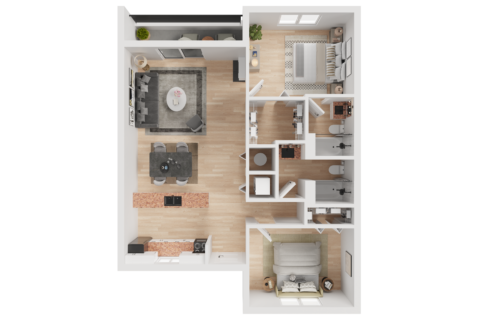 3D floor plan of the B1, a two bedroom, two bathroom apartment with walk in closets, in unit washer and dryer, private balcony and galley-style kitchen with dining and living room space.
