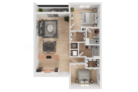 3D floor plan of the B2, a two bedroom, two bathroom apartment with walk in closets, in unit washer and dryer, private balcony and galley-style kitchen with dining and living room space.